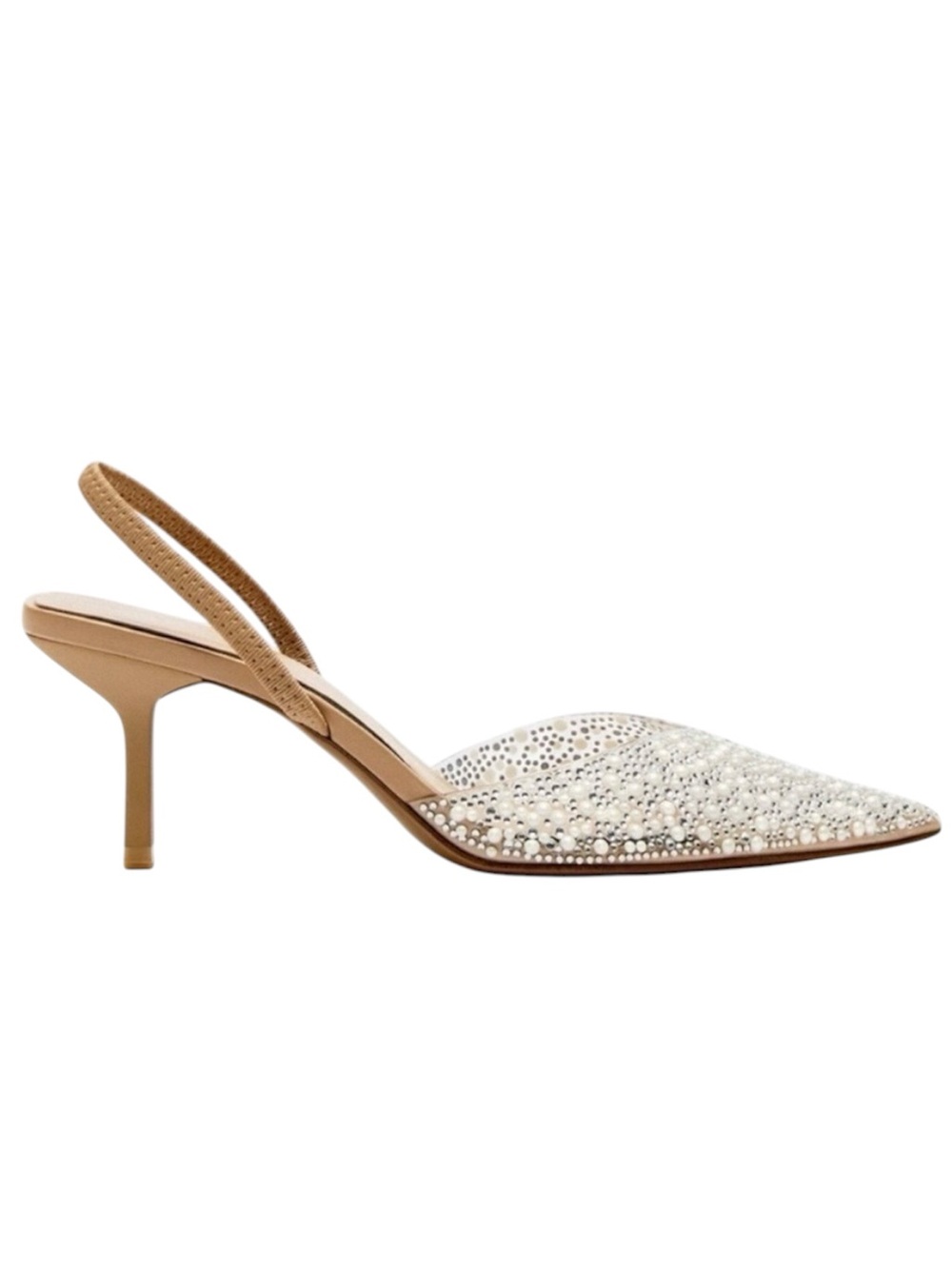 Zara Women's Pearl Rhinestone Embellished Pointed Toe Tan Slingback Heels
